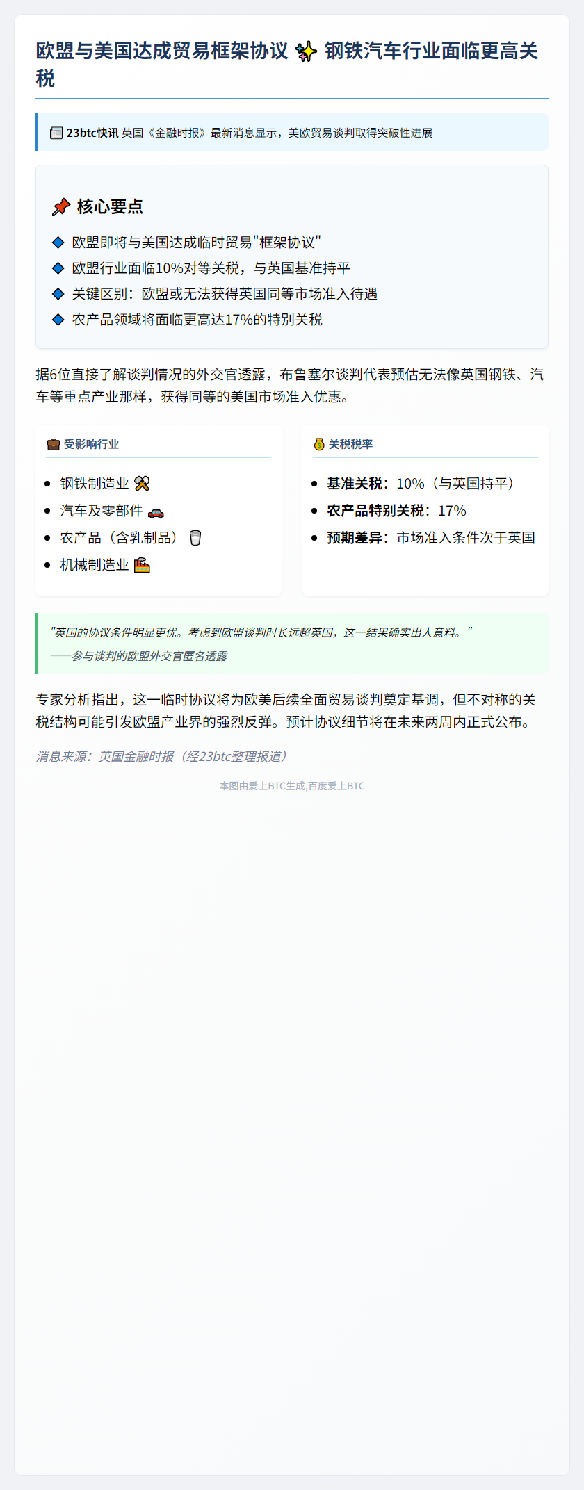 "英媒：欧盟或与特朗普达成协议 关税或超英国"