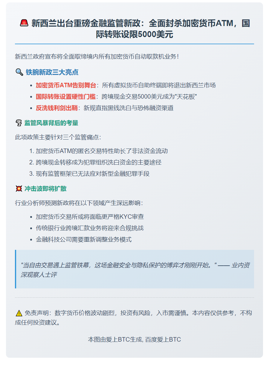 新西兰禁加密货币ATM机并设转账上限