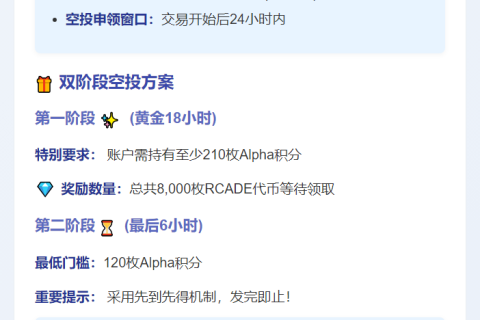 “`标题：《币安RCADE空投：首阶段需210分》“`
