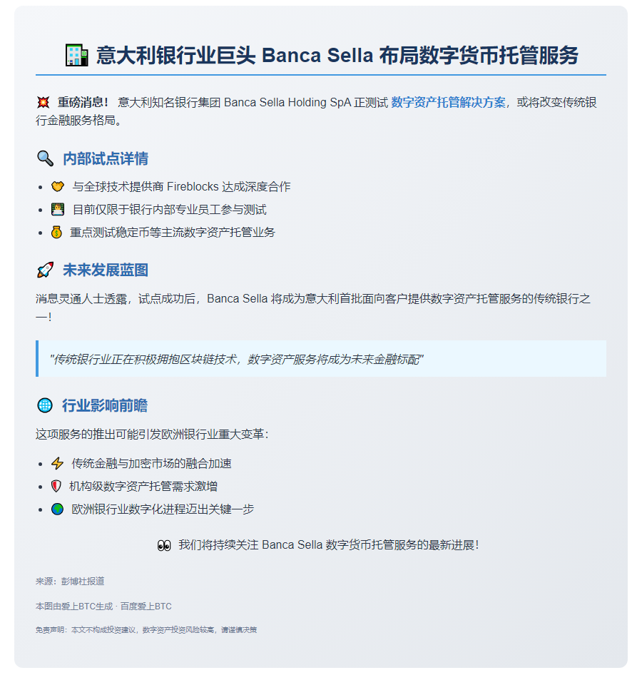 意大利Banca Sell测试数字资产托管