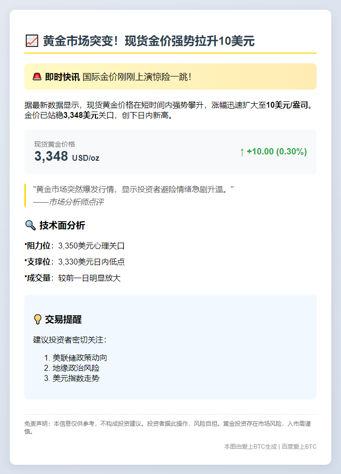 金价短线涨10美元，报3348美元
