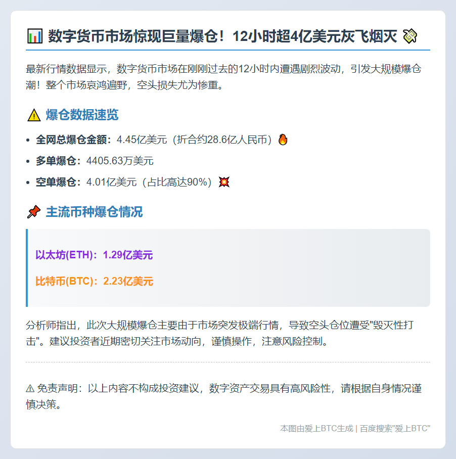 全网爆仓4.45亿美元，空单为主