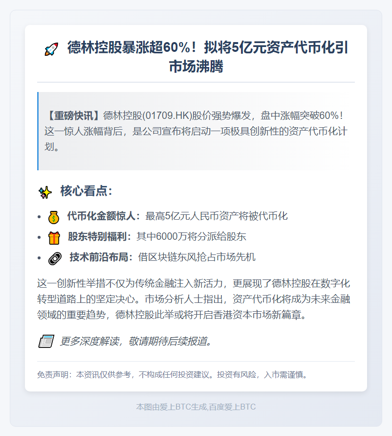 德林控股拟代币化5亿资产，股价暴涨60%