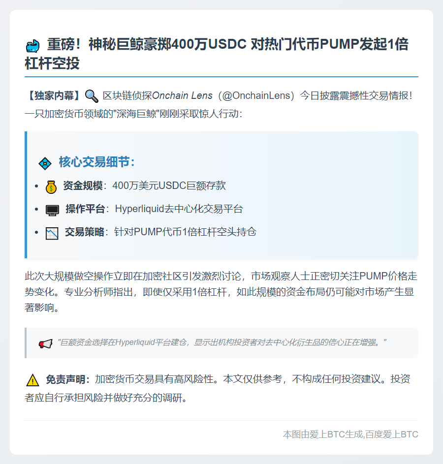 "巨鲸400万美元杠杆做空PUMP"