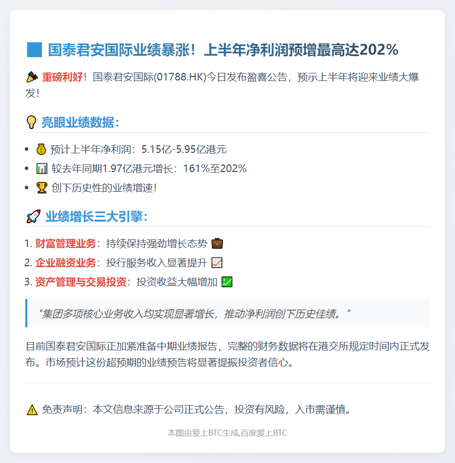 国泰君安国际：上半年净利预增161%-202%