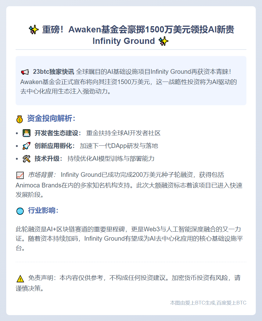 "Awaken基金会注资Infinity Ground 1500万美元"