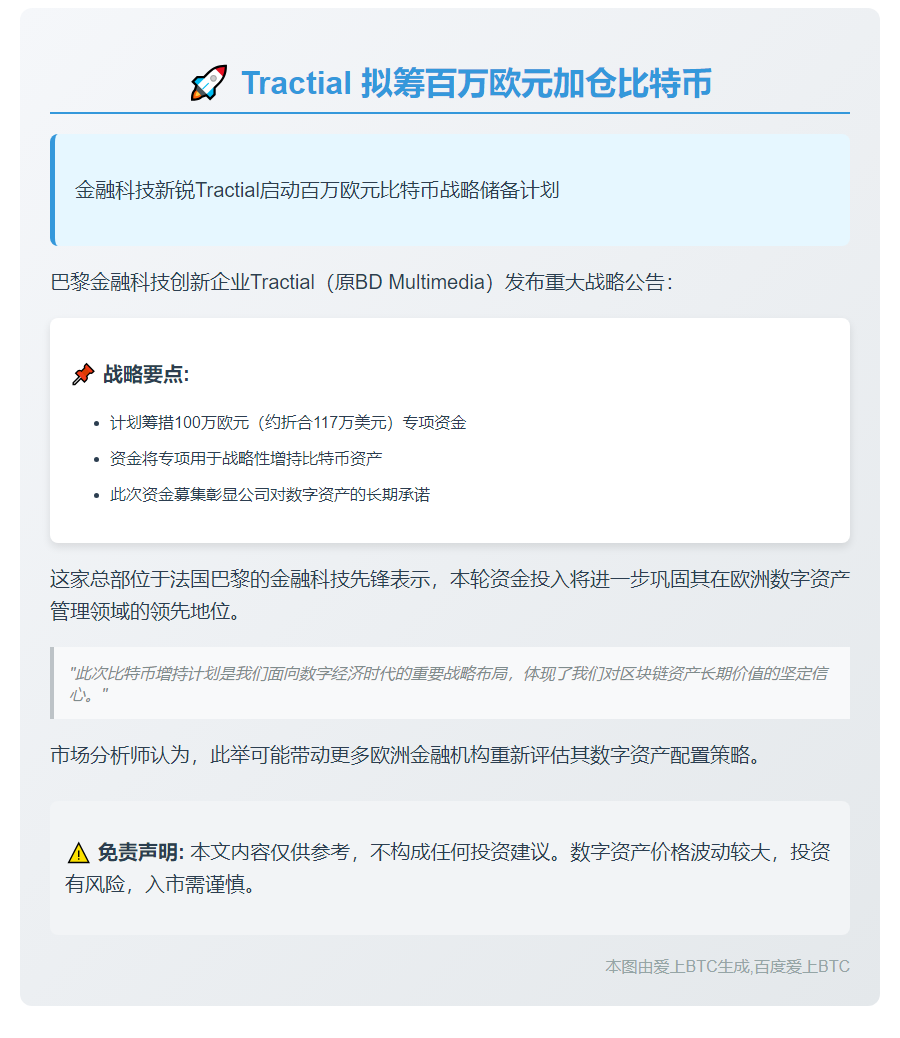 Tractial 拟筹百万欧元加仓比特币