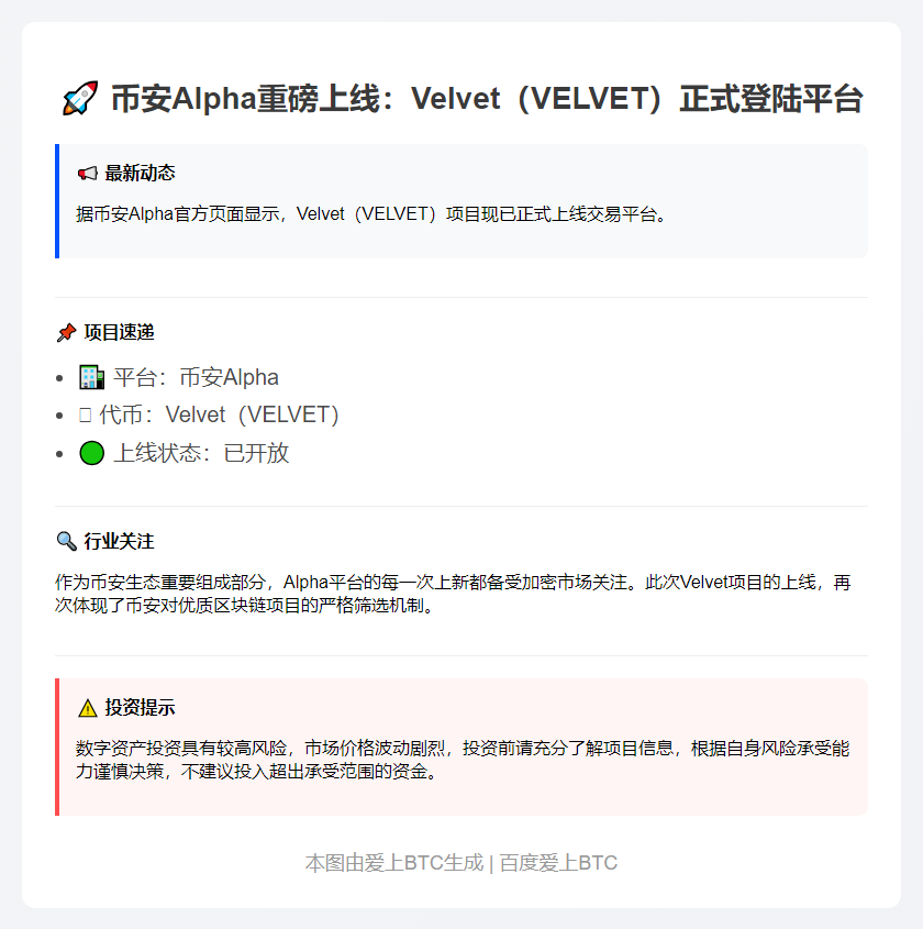 标题：币安上线 Velvet（VELVET）