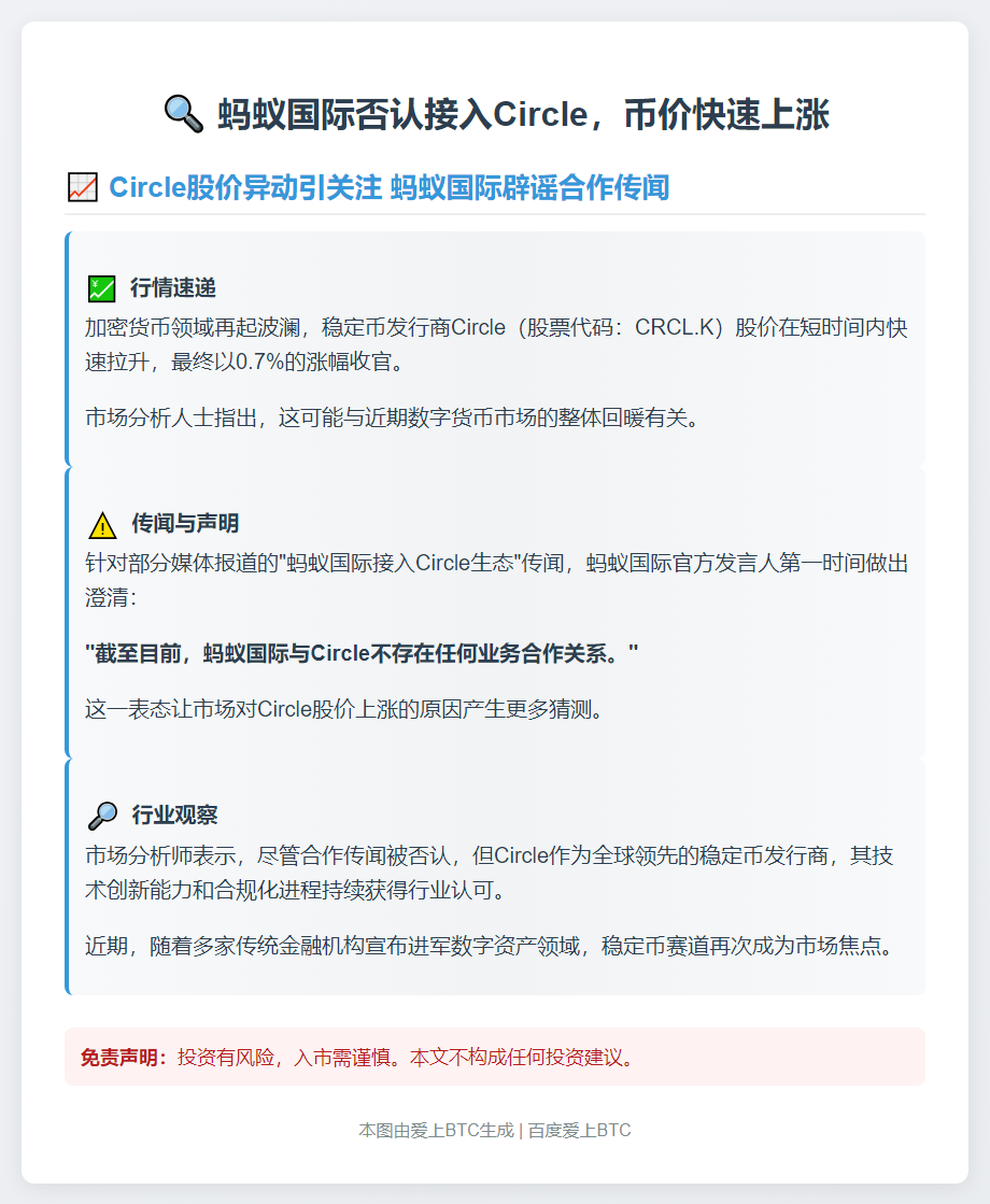 蚂蚁国际否认接入Circle，币价快速上涨
