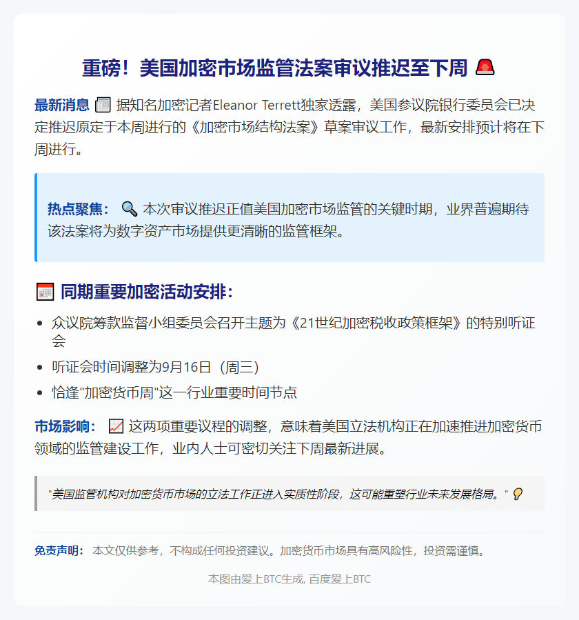 加密结构法案推迟至下周
