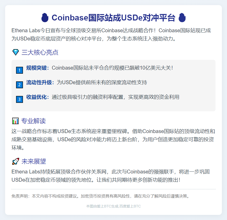 Coinbase国际站成USDe对冲平台