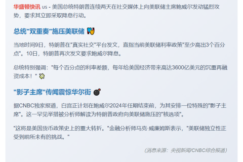 连施压两日 特朗普促鲍威尔降息