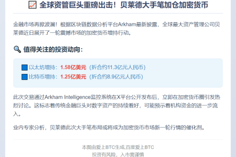 “贝莱德巨资买入1.58亿ETH与1.25亿BTC”