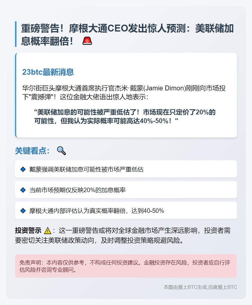 摩根大通CEO：加息概率超预期