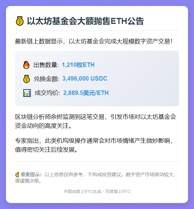 以太坊基金会售1210枚ETH