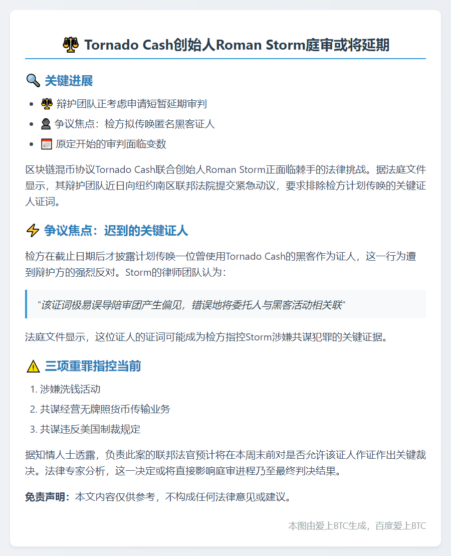 "Tornado Cash 联创 Roman Storm 请求延期审判"