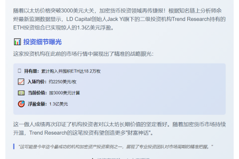 LD Capital创始人ETH投资浮盈1.3亿美元