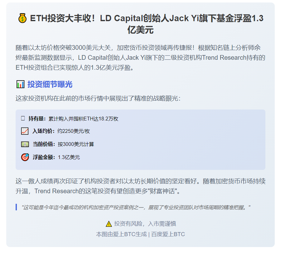 LD Capital创始人ETH投资浮盈1.3亿美元