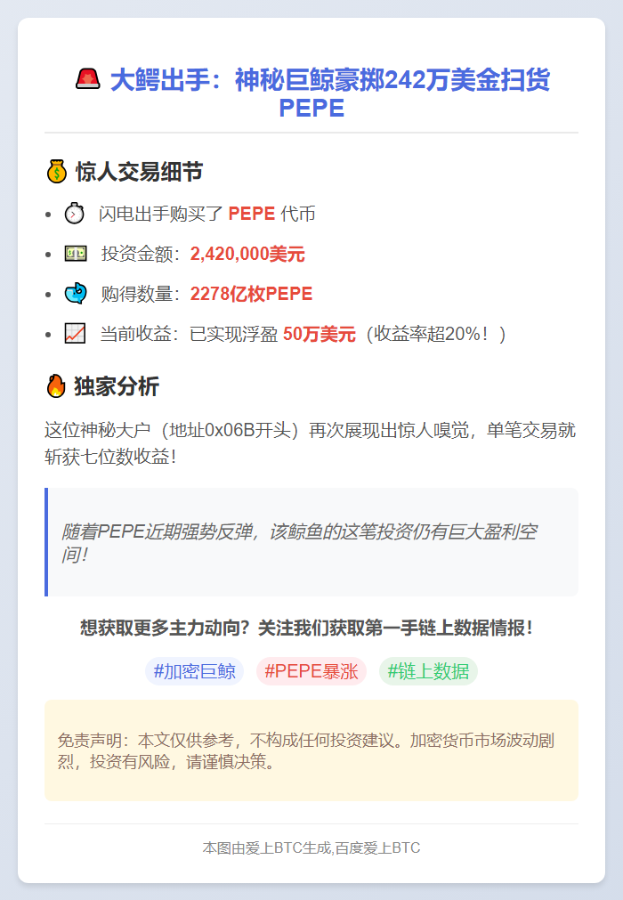 鲸鱼豪掷242万购PEPE，浮盈50万
