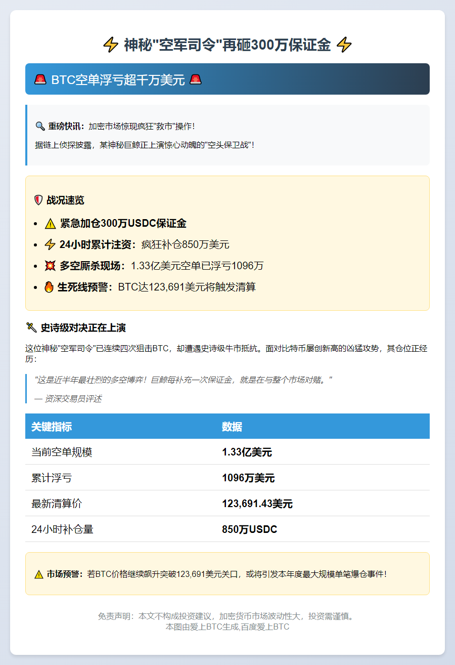 巨鲸再补300万保证金 BTC浮亏超千万