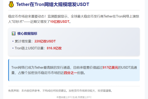 Tether在Tron增发220亿USDT