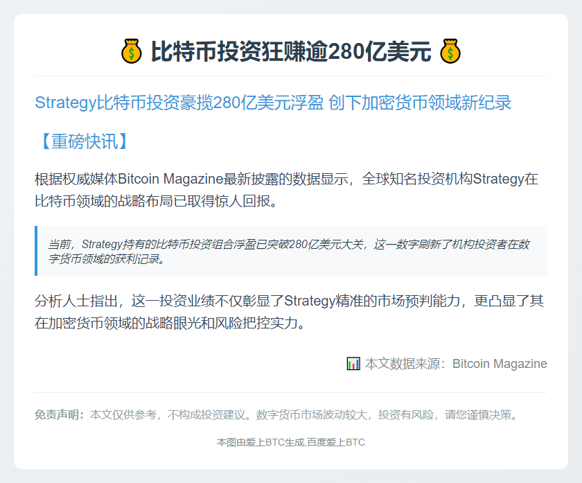 比特币投资狂赚逾280亿美元