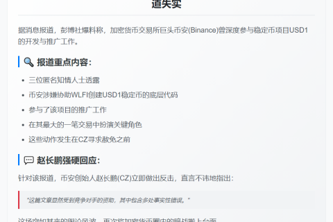 CZ驳彭博：Binance未助WLFI编写USD1代码