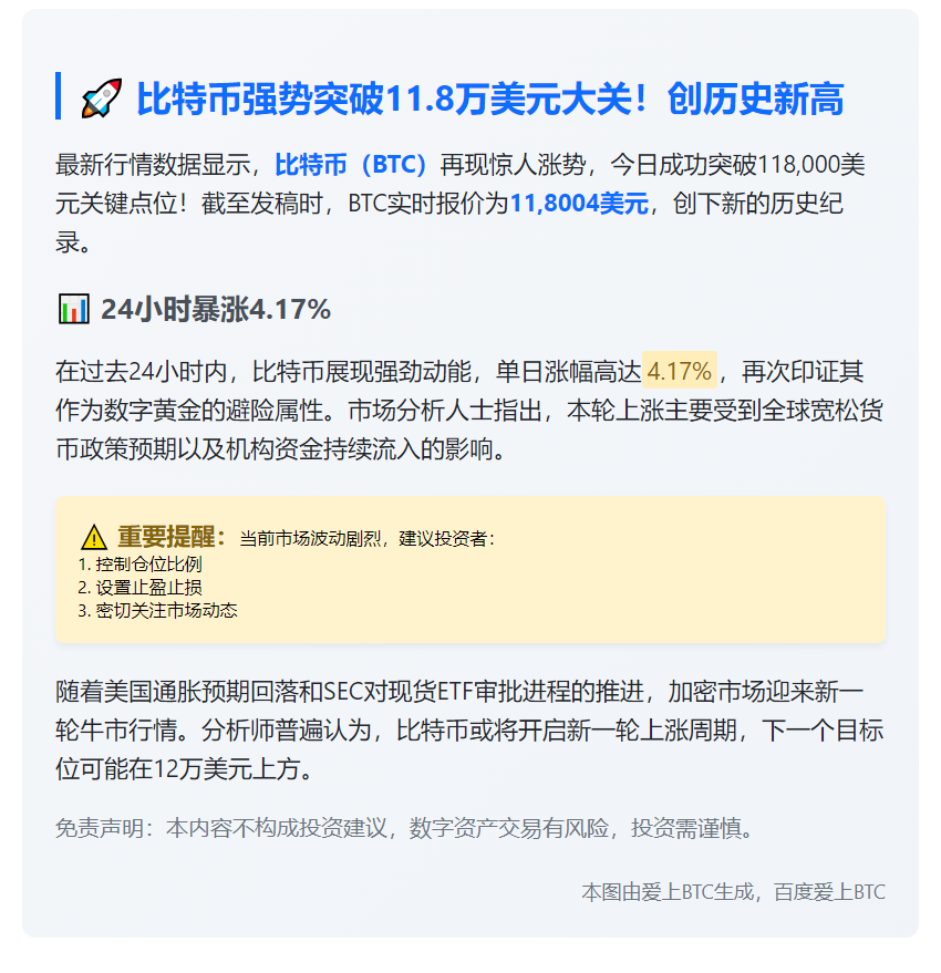 BTC暴涨破11.8万