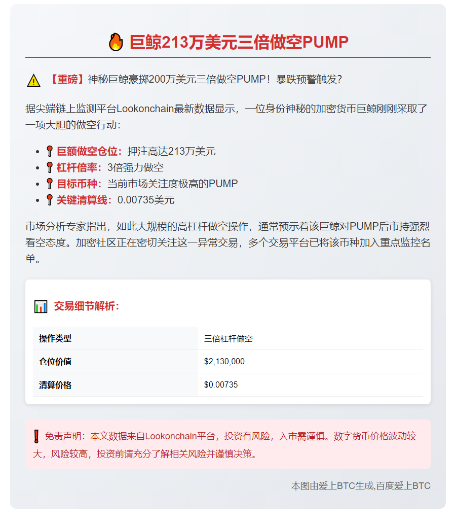 巨鲸213万美元三倍做空PUMP