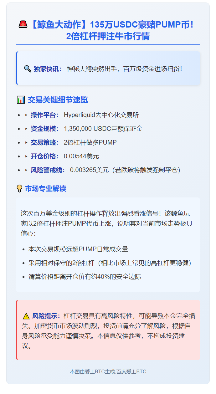 鲸鱼2倍做多PUMP存入135万USDC