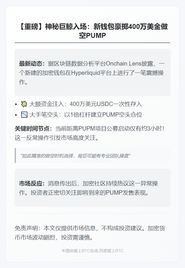 新钱包豪掷400万美元USDC做空PUMP