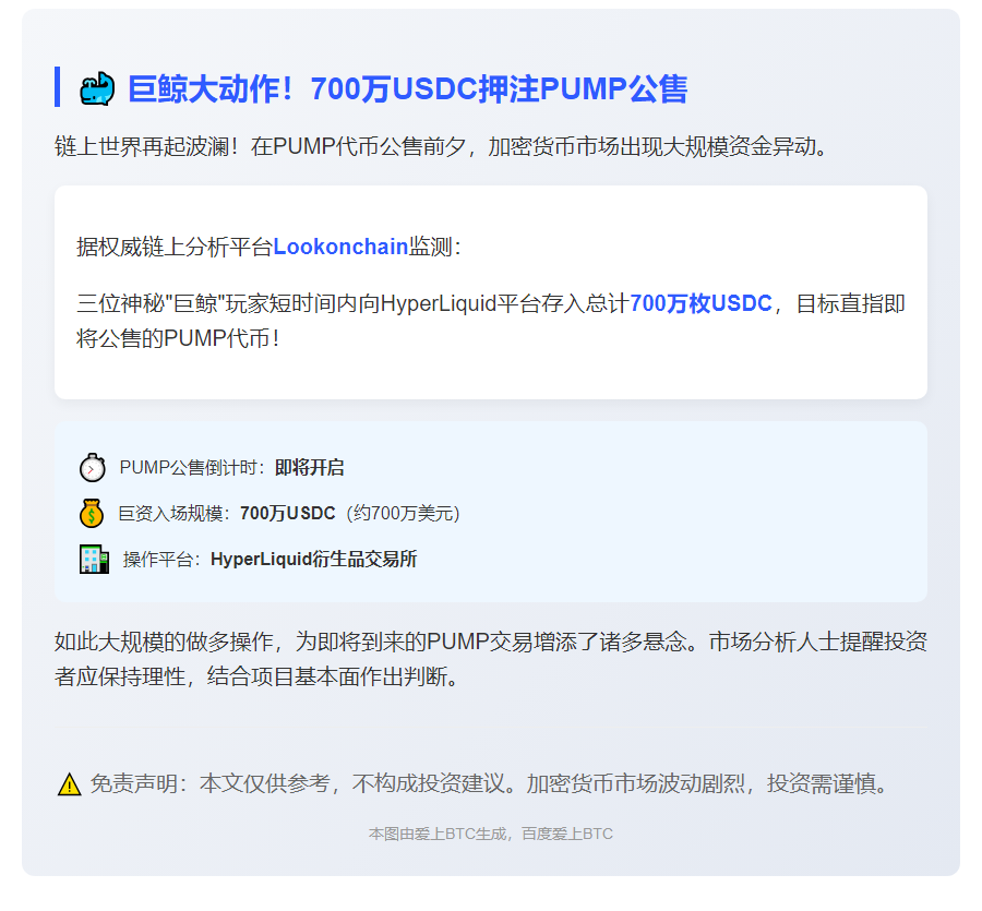 三巨鲸注资700万USDC做多PUMP