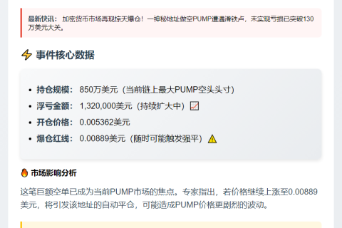 "某地址做空PUMP爆仓 浮亏超130万美元"