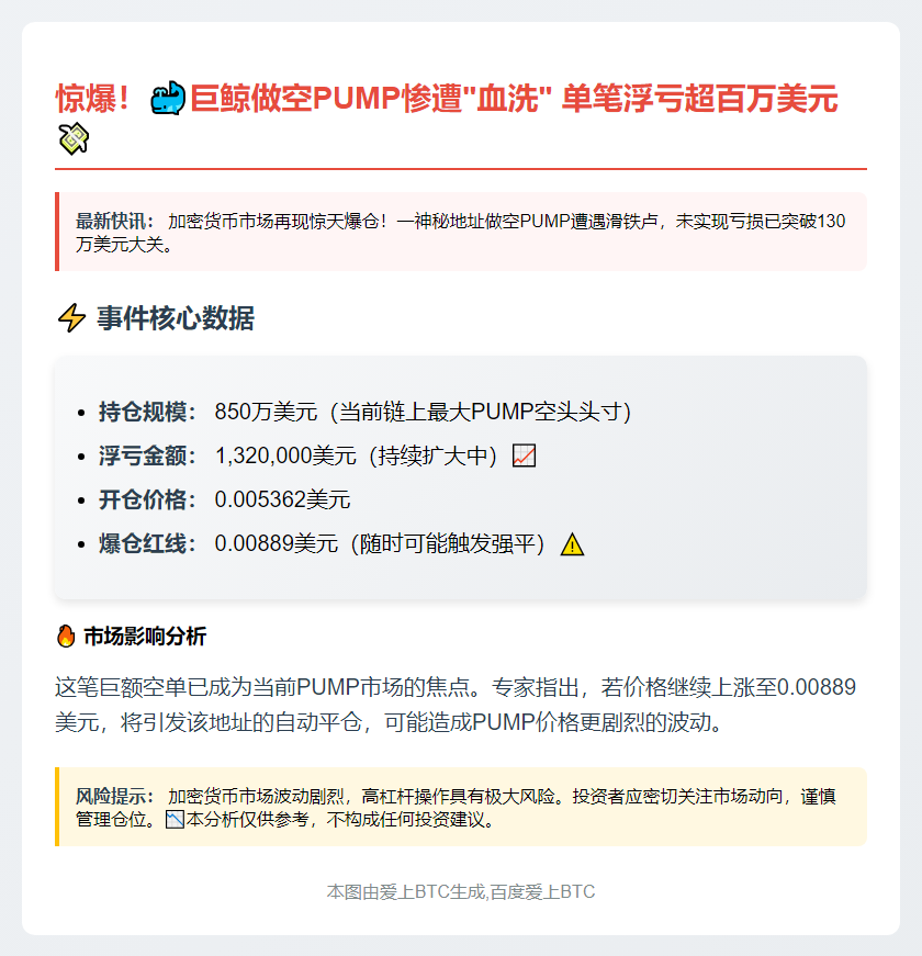 "某地址做空PUMP爆仓 浮亏超130万美元"
