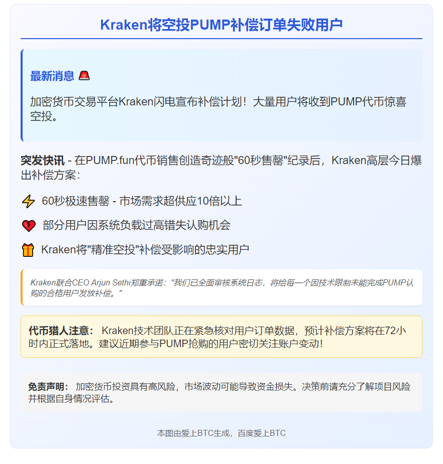 Kraken将空投PUMP补偿订单失败用户