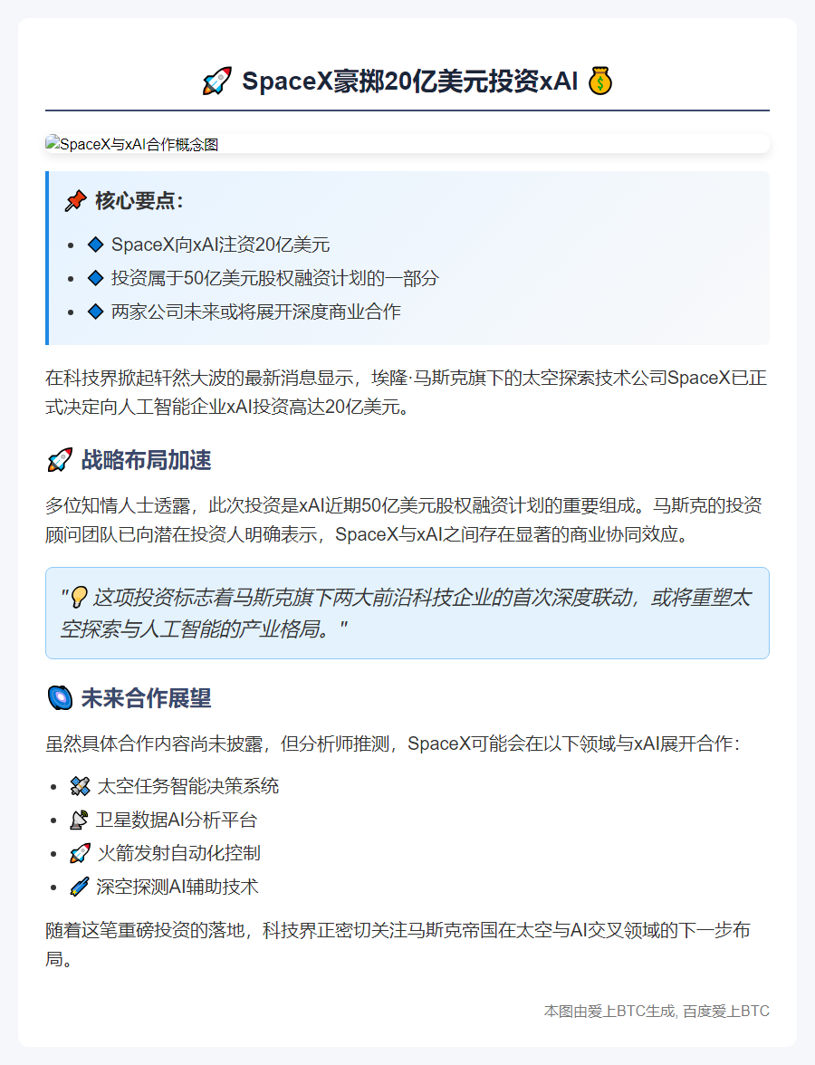 "SpaceX将投资20亿美元入股xAI"