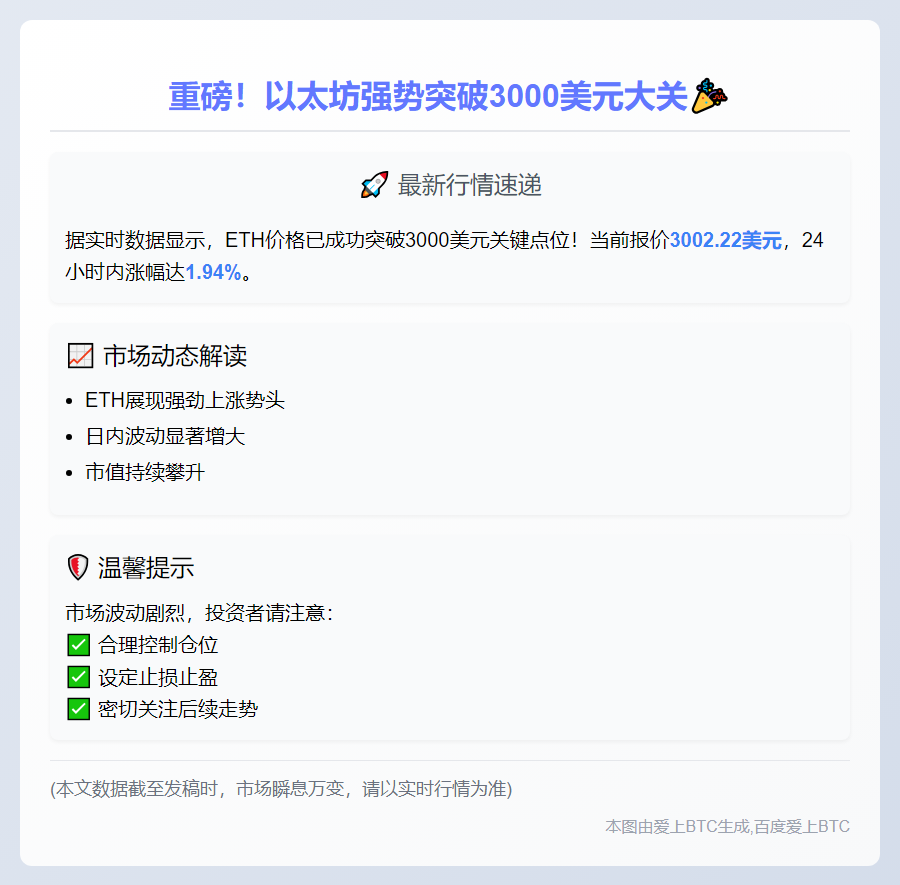 ETH突破3000美元