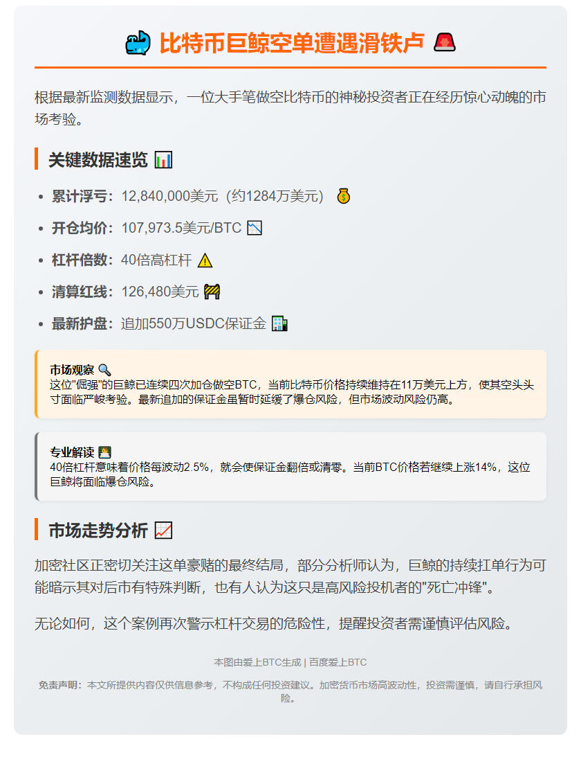 巨鲸做空比特币浮亏1284万，爆仓价12.6万美元