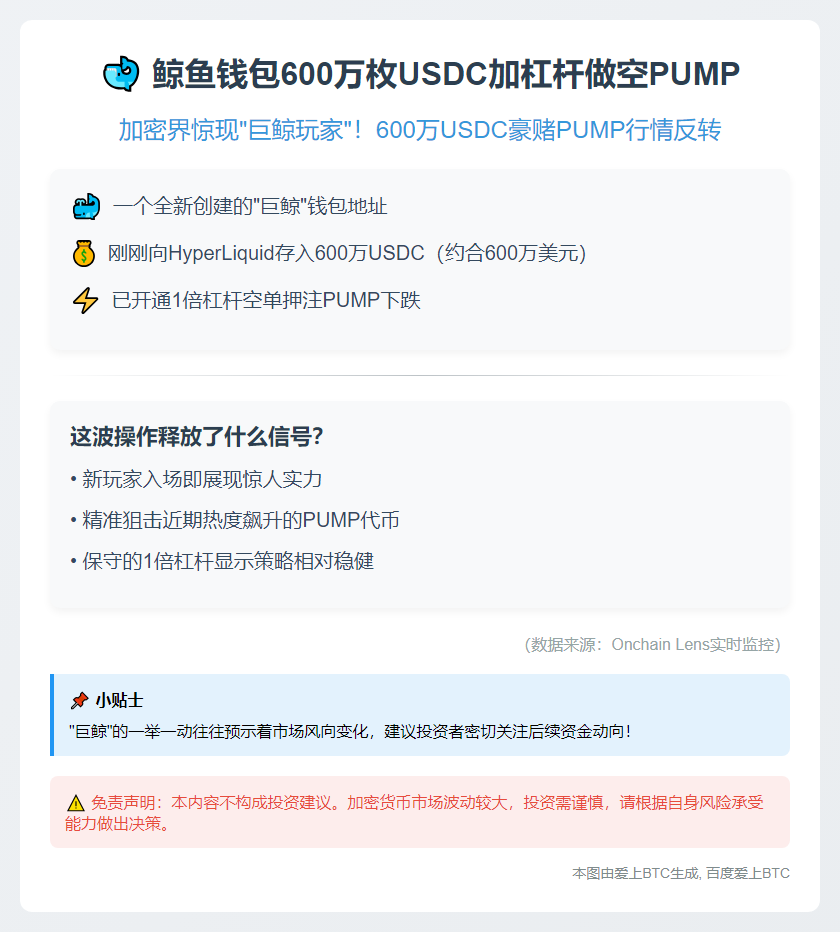 鲸鱼钱包600万枚USDC加杠杆做空PUMP