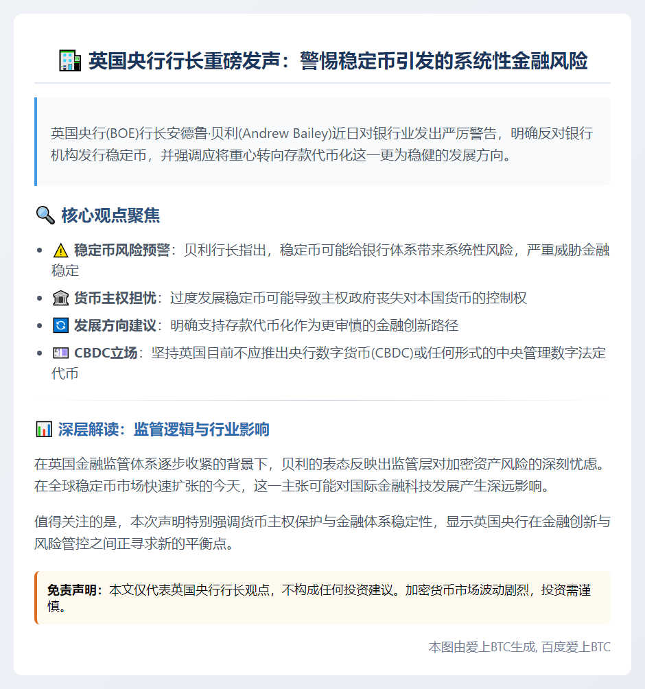 英国央行行长：银行应专注存款代币化而非稳定币