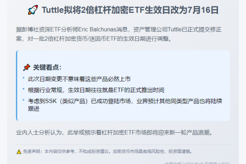 Tuttle拟将2倍杠杆加密ETF生效日改为7月16日