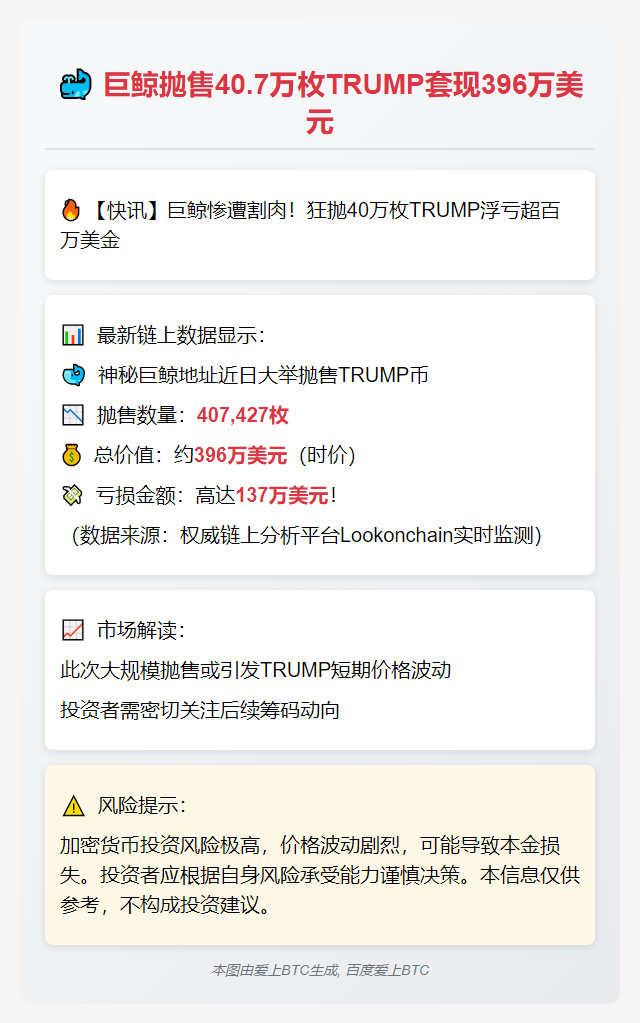 巨鲸抛售40.7万枚TRUMP套现396万美元