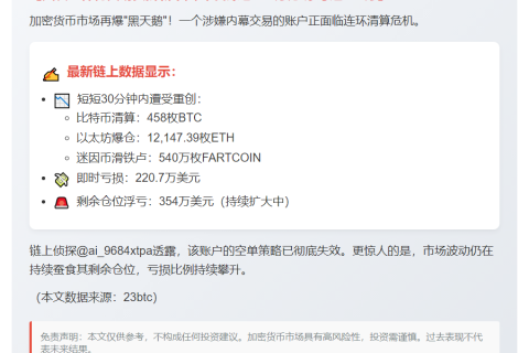 巨亏220万美元！神秘人减持458枚BTC等资产