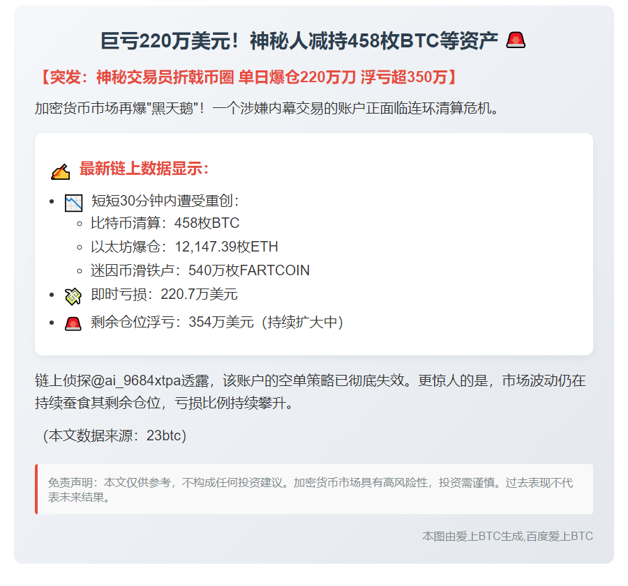 巨亏220万美元！神秘人减持458枚BTC等资产
