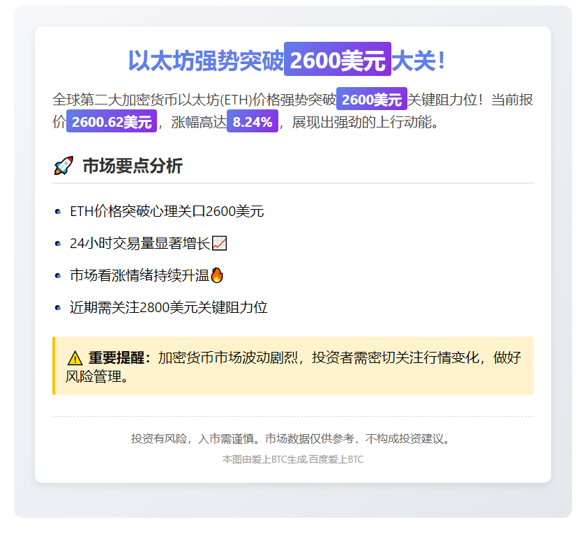 ETH冲上2600美元