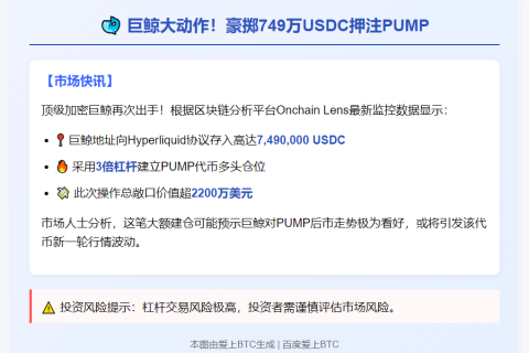 巨鲸豪掷749万USDC三倍做多PUMP