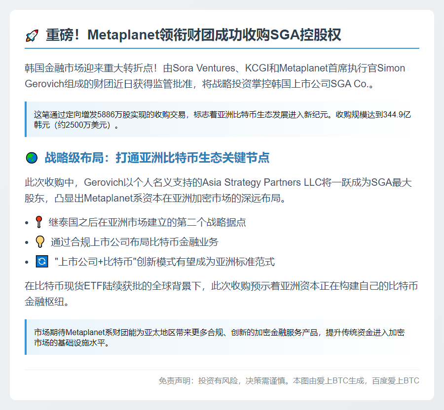 Metaplanet CEO率财团收购SGA，拓展亚洲比特币布局