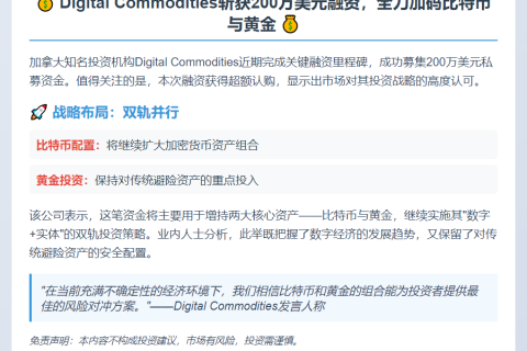 Digital Commodities获200万美元投资转向比特币和黄金