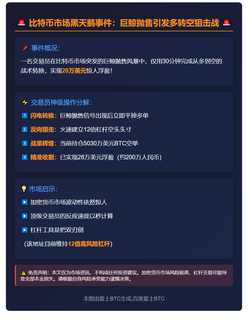 巨鲸抛售引发比特币多转空，28万美元浮盈