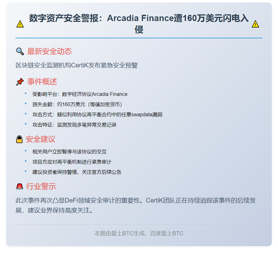 Certik：Arcadia Finance遭攻击损失160万美元